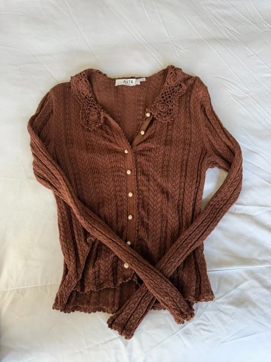 ASTR The Label Crochet Knit Cardigan - Rust - Picture 2 of 4